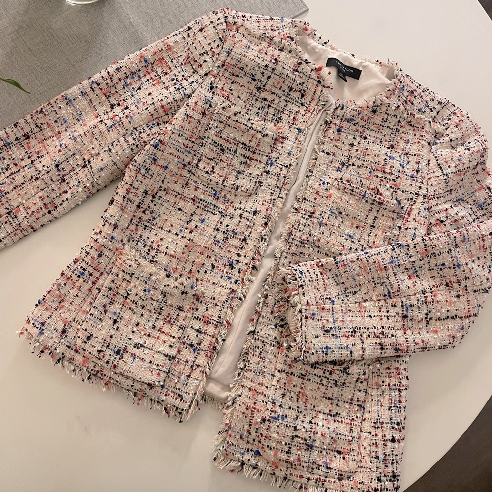 Ann Taylor Tweed Jacket with multi-color detail fringe and pockets